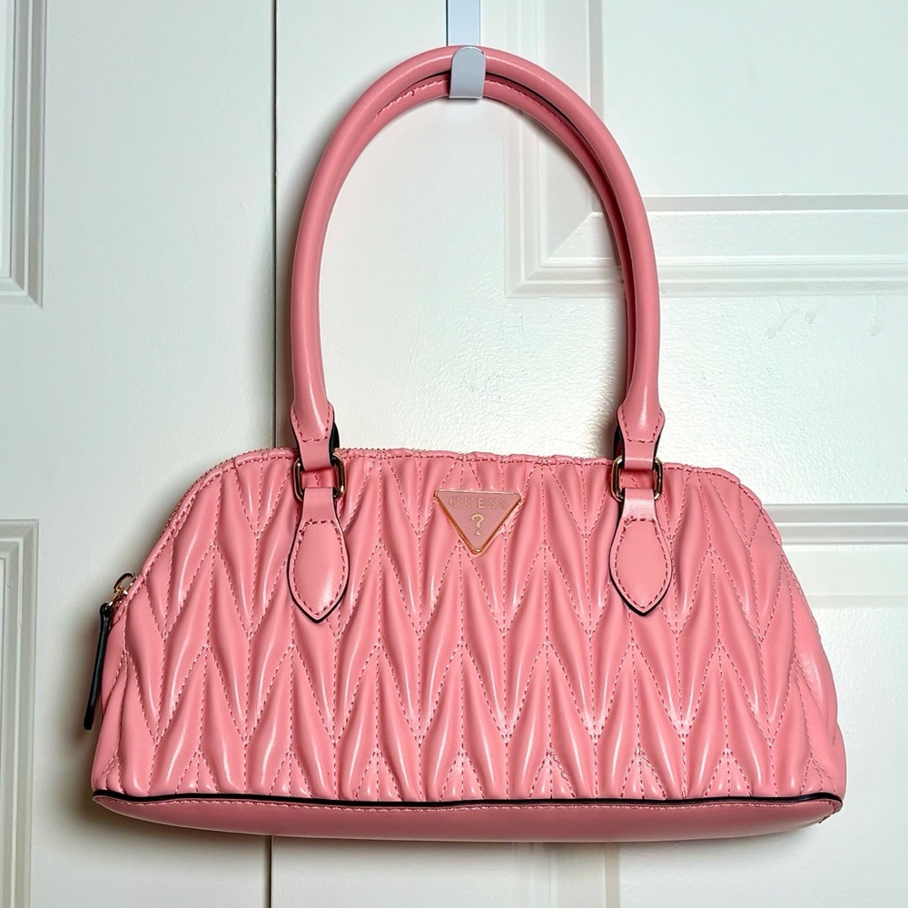 GUESS Pink Quilted Gold-Tone Satchel Bowler Style Handbag